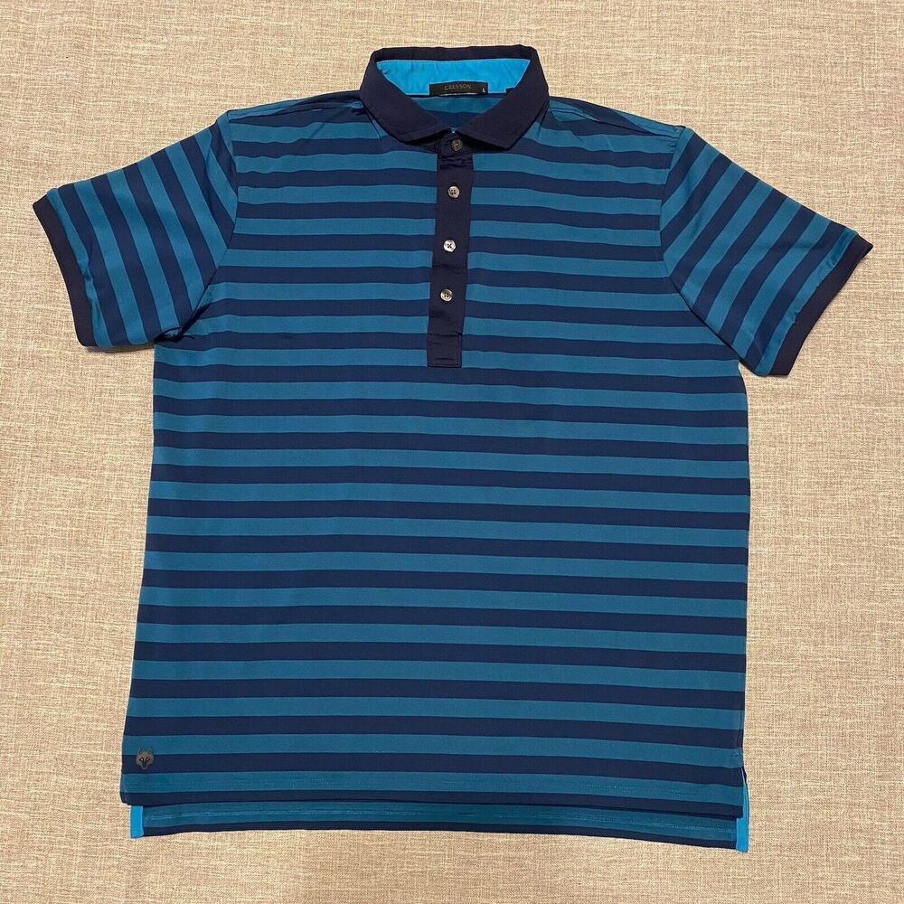 Greyson Polo Golf Shirt Mens Large Blue Striped Performance Stretch Wolf Buttons